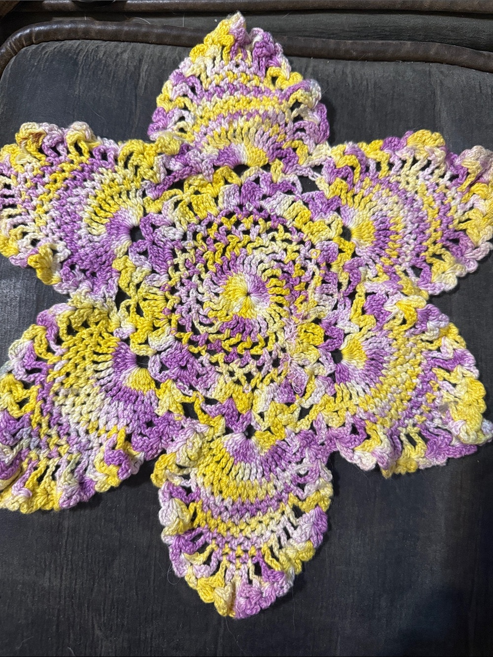 Vintage Handmade Star Crochet Doily in Yellow, Purple & Cream